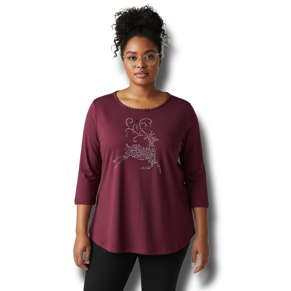 Quacker Factory Women’s Holiday Reindeer Top With Rhinestones Burgundy Wine 2X